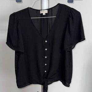 LOFT Black V-Neck Tie Front Button-Down Blouse, Size MP EUC
